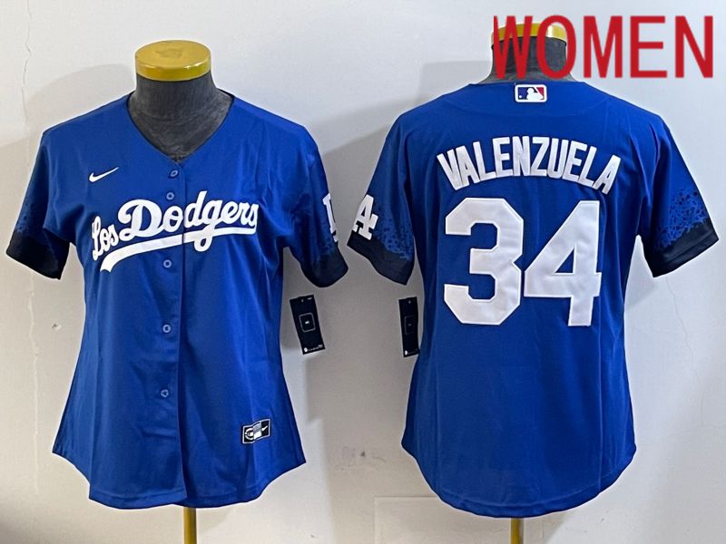Women Los Angeles Dodgers 34 Valenzuela 2024 blue jersey 202411208